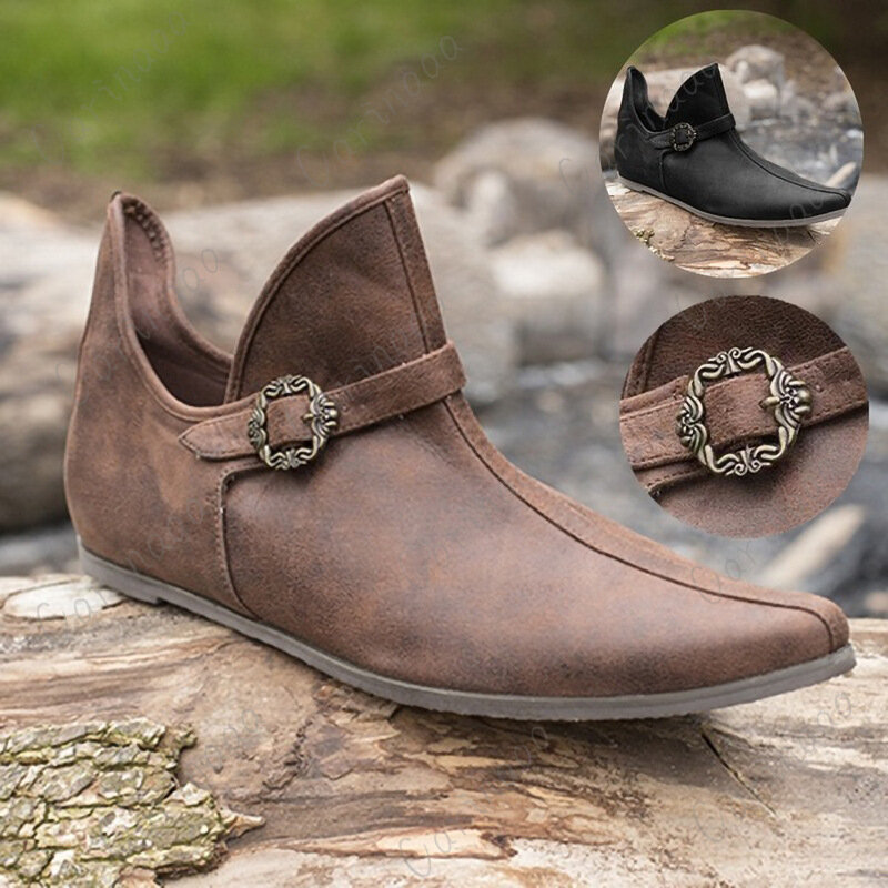 Renaissance Medieval Men's Viking Knight Prince Shoes Vintage Brown Buckle Leather Boots Short Flat Shoes Cosplay Pirate Costume