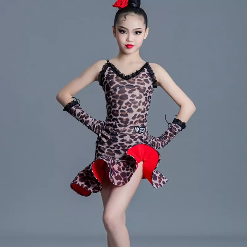 Vestito da leopardo latino per ragazze abbigliamento da competizione di danza latina Salsa Tango Chacha Costume da ballo per sala da ballo vestito da ballo latino estivo