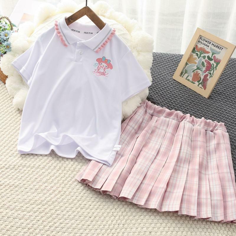 Sanrios Kids Short Sleeve Pleated Skirt Two-Piece My Melody Cinnamoroll Kuromi Girls Jk Preppy Style Set Fashion Cotton T-Shirt