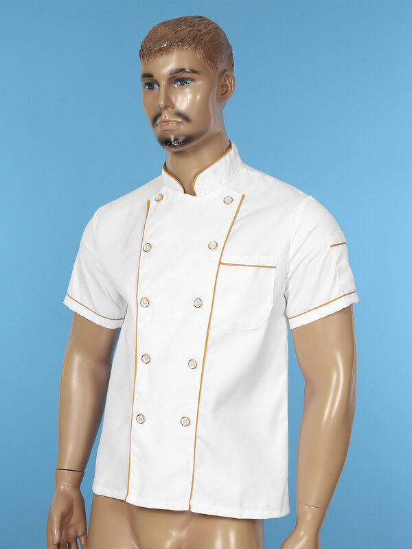 White Chef Jacket Hotel Restaurant Kitchen Bakery Stand Collar Button Down Contrast Color Trim Cook Uniform Mens Womens