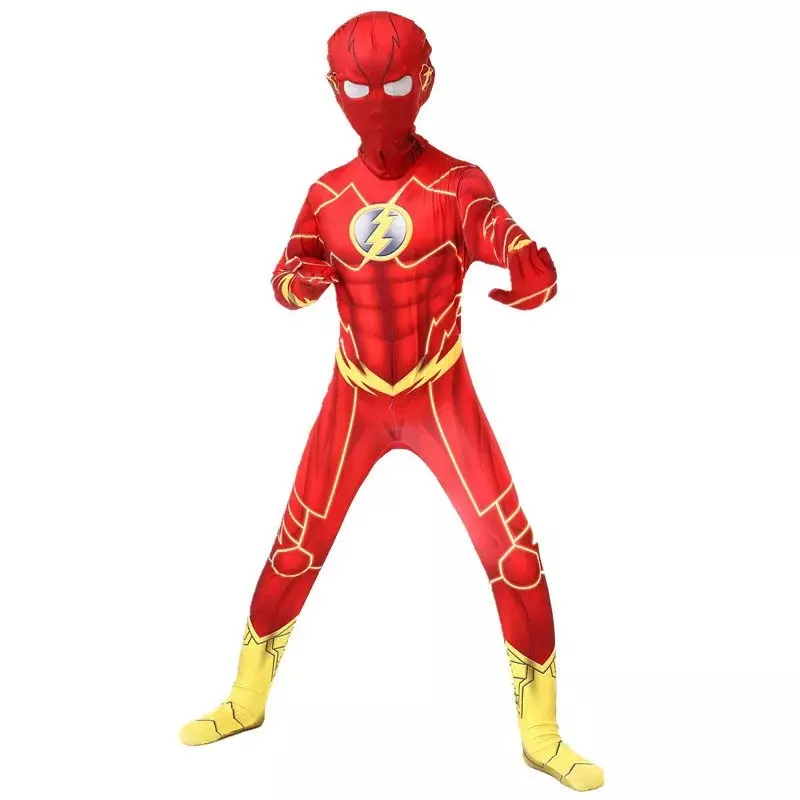 Kids Flash Man Boys Cosplay Costume New Year Carnival Party Fancy Dress with Headgear Mask Sets