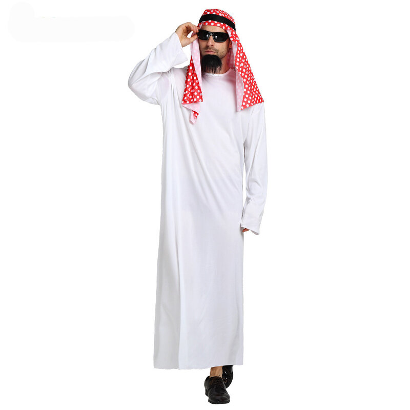 Umorden Adult Men Arabian Arab Sheikh Costume Middle East Clothes Sultan White Robe Red Headband Purim Halloween Fancy Dress