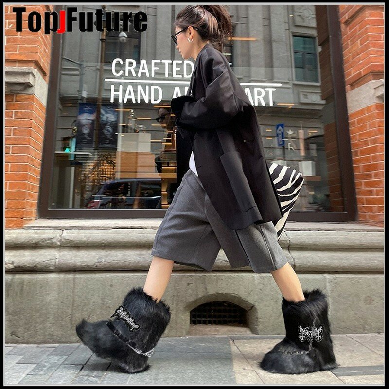 Y2K Girl Harajuku Gothic Flat Imitation Fluffy Fox Fur Boots Ladies Keep Warm Winter Snow Boots Mid Calf Furry Women Kids Shoes