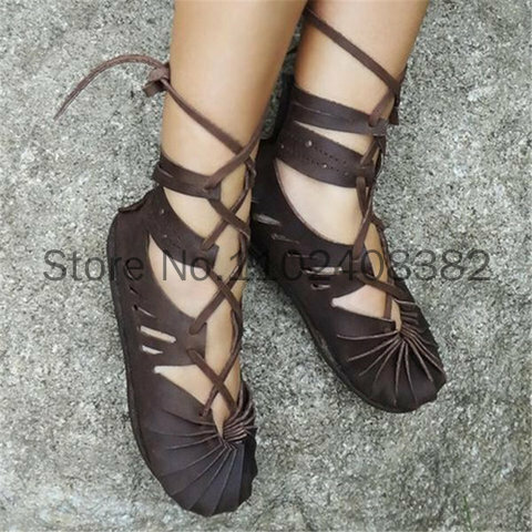 Medieval Gothic Vintage Boots for Women Elf Witch Leaves Lace Up Shoes Cosplay Costume Vintage Strappy Flat Sandals Summer