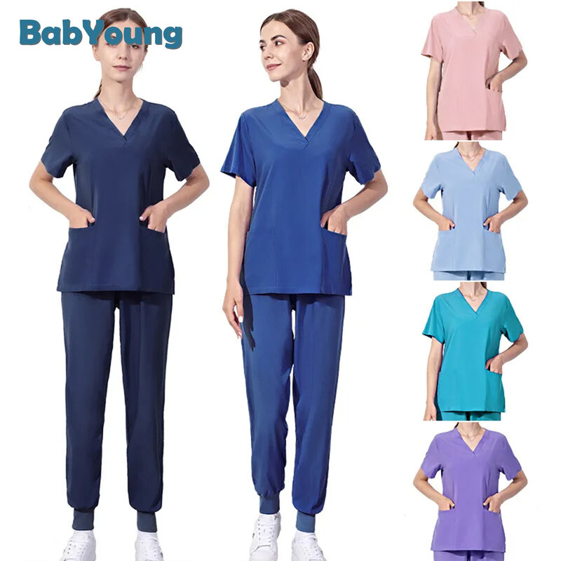 Hot Sales Nurse Uniform Women Short Sleeve Neck Tops Working Uniform Blouse Scrubs Workwear Nursing Women Scrubs Pants Elastic