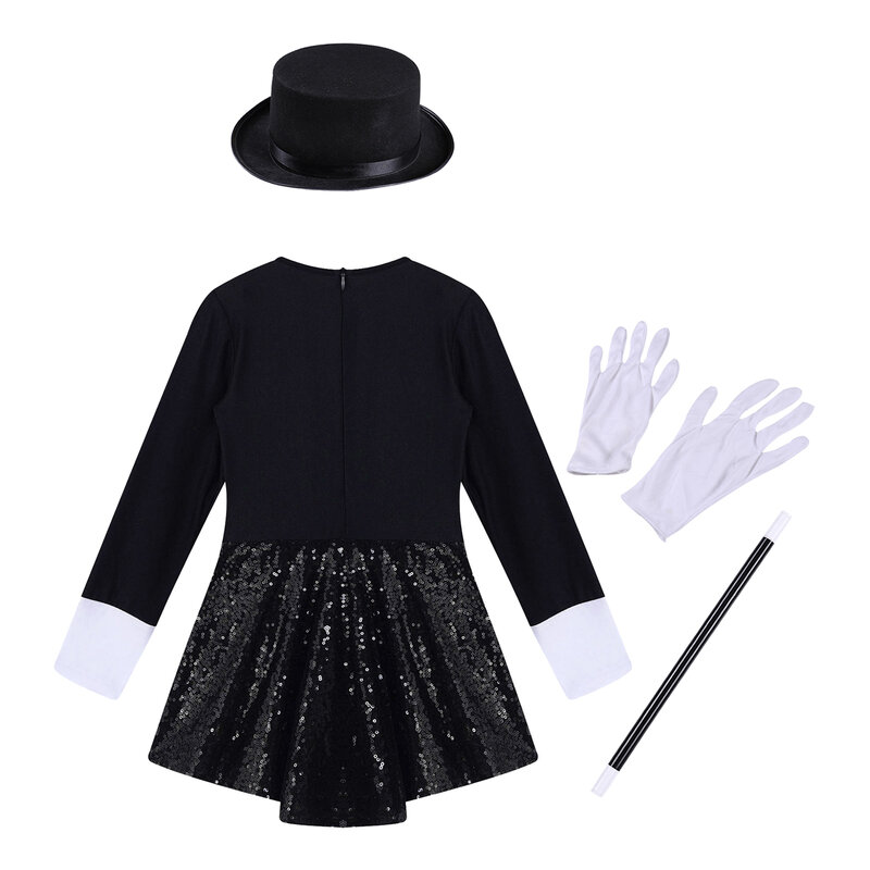 Kids Girls Magician Costume Halloween Circus Cosplay Performance Clothes Shiny Sequin Leotard Dress with Hat Magic Wand Gloves