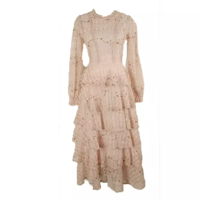 Vintage Spring Women Lace Embroidery Sweet Ruffles Layered Midi Long Dress Elegant Princess Party Holiday Dress Vestidos