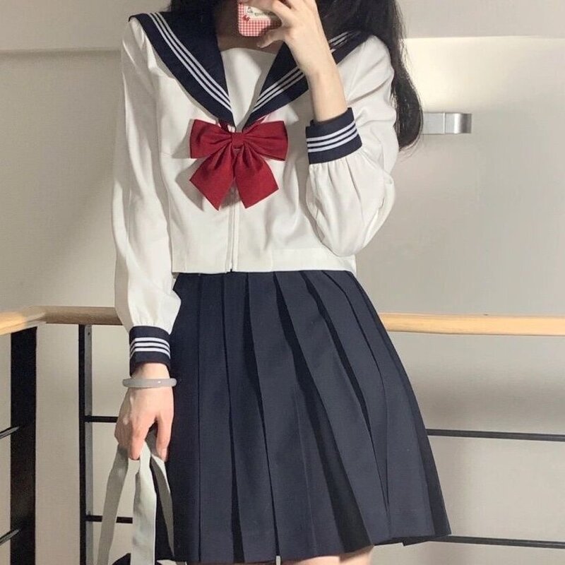Japanese School Uniform Girls Plus Size Jk Suit Red Tie White Three Basic Sailor Uniform Women Long Sleeve Suit