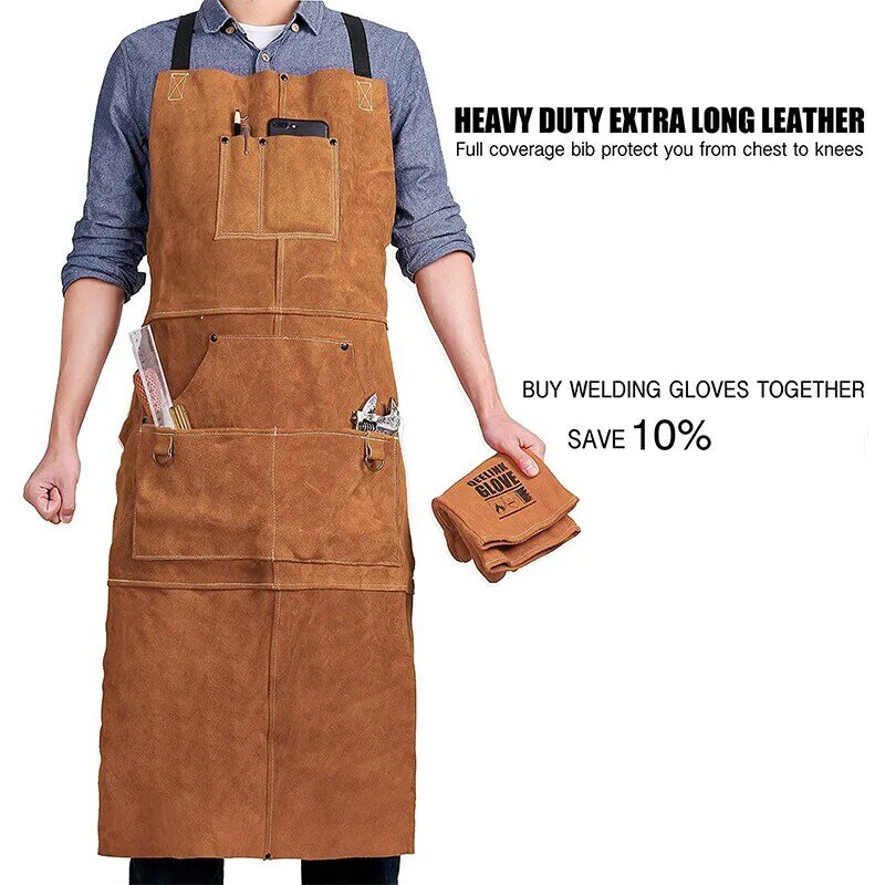 Leather Welding Apron Heat Flame-Resistant Heavy Duty Work Forge Apron With 6 Pockets 42Inch Large