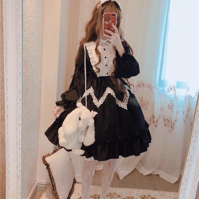 Alice Princess Cute Women Lolita OP Dress Flouncing Lace Trim Japanese Harajuku Long Sleeves Doll Teen Dress Fairy Vestidos