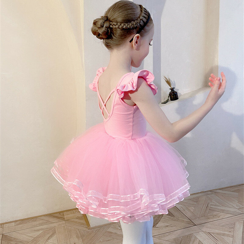 Ballet Leotards for Girl Toddler Short Ruffle Sleeve Tulle Dance 4 Layers Dancer Outfit Rhythmic Gymnastics Bodysuit Dress Skate
