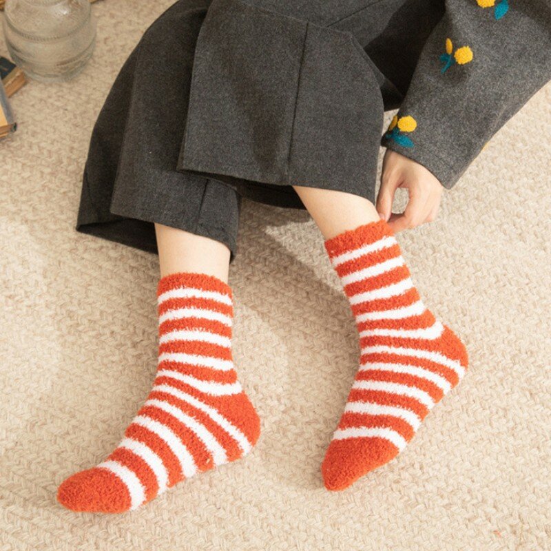 1Pairs Striped Socks Women Short Soft Fluffy Socks Ladies Plush Thickening  Winter Warm Fashion Floor Soks Christmas Party Gift