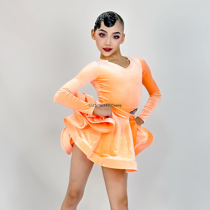 7 Colors Kids Performance Latin Dance Costume Girls Latin Dance Professional Dress Long Sleeved Velvet Ballroom Dance Dress