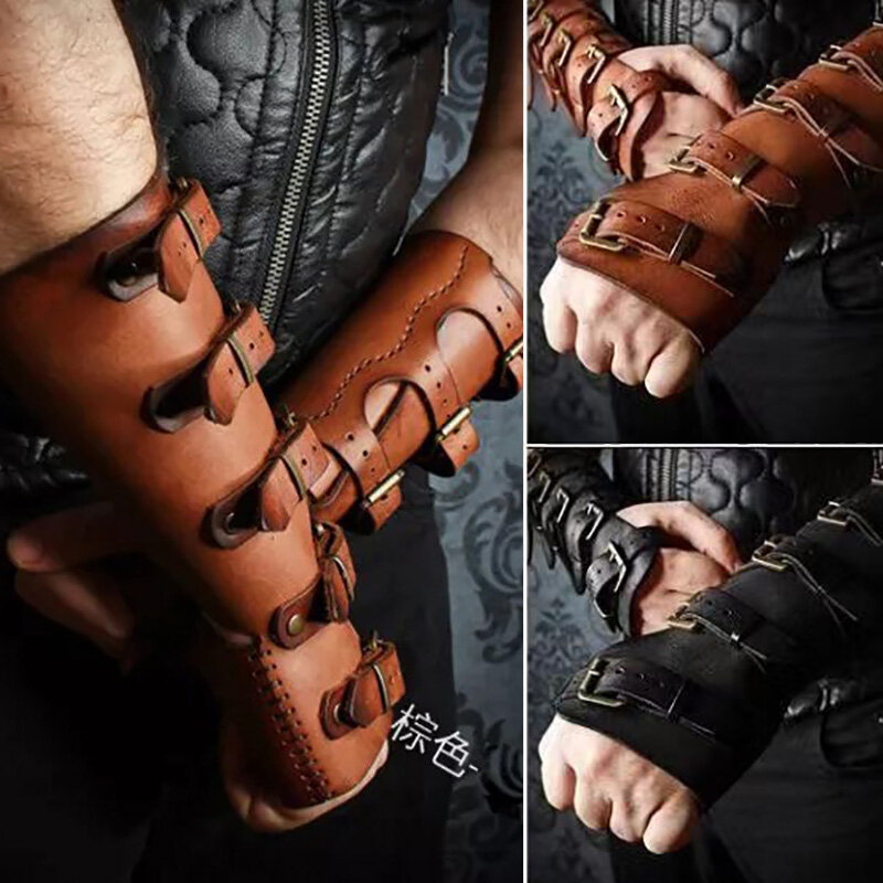 Medieval Viking Wristband Gauntlet Vambrace Arm Cuff Armor Steampunk Gothic Leather Glove LARP Men Knight Costume Buckled Bracer