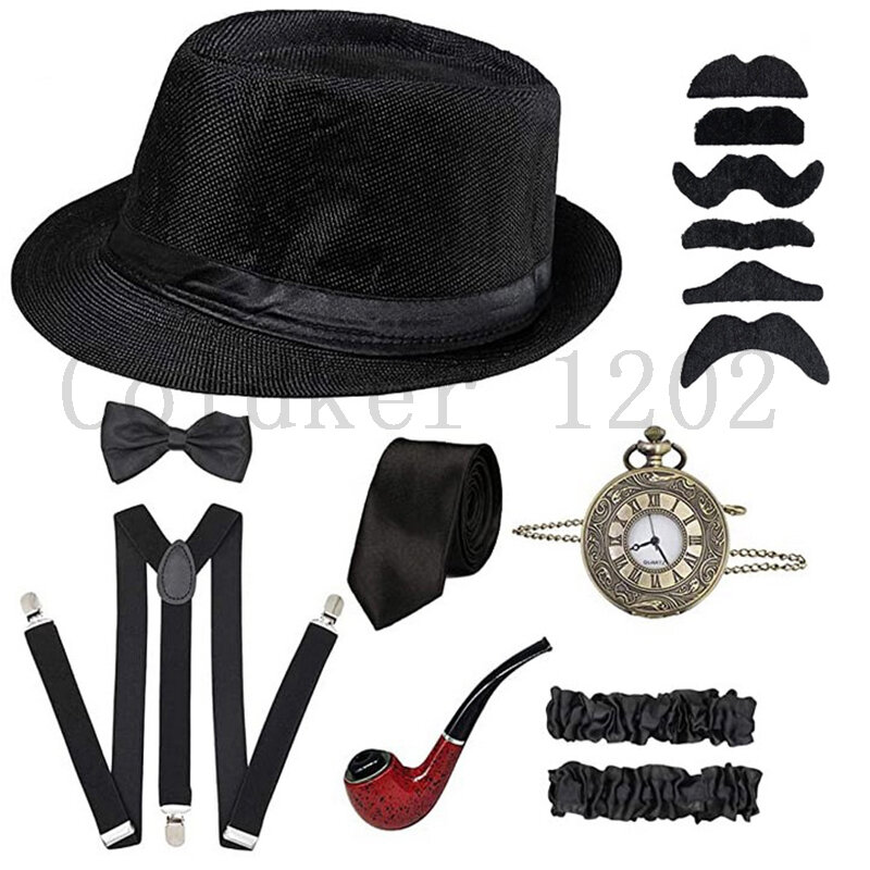 Free Ship Halloween 1920s Mens Gatsby Gangster Accessories Set Panama Hat Suspender Bow Tie 20s Great Gatsby Cosplay Accessories