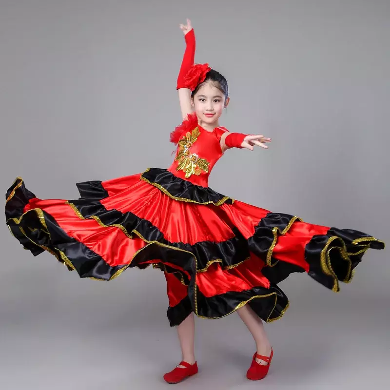 Spanish Costume Girl Long Red Flamenco Dress Ballroom Skirt For Girls Child Dance Dresses Costumes For Kids Clothes