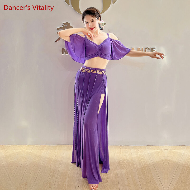 Belly Dance Costumes Suit Cotton Half Sleeves Horn Top+split Long Skirt 2pcs for Women Belly Dancing Performance Suit Female