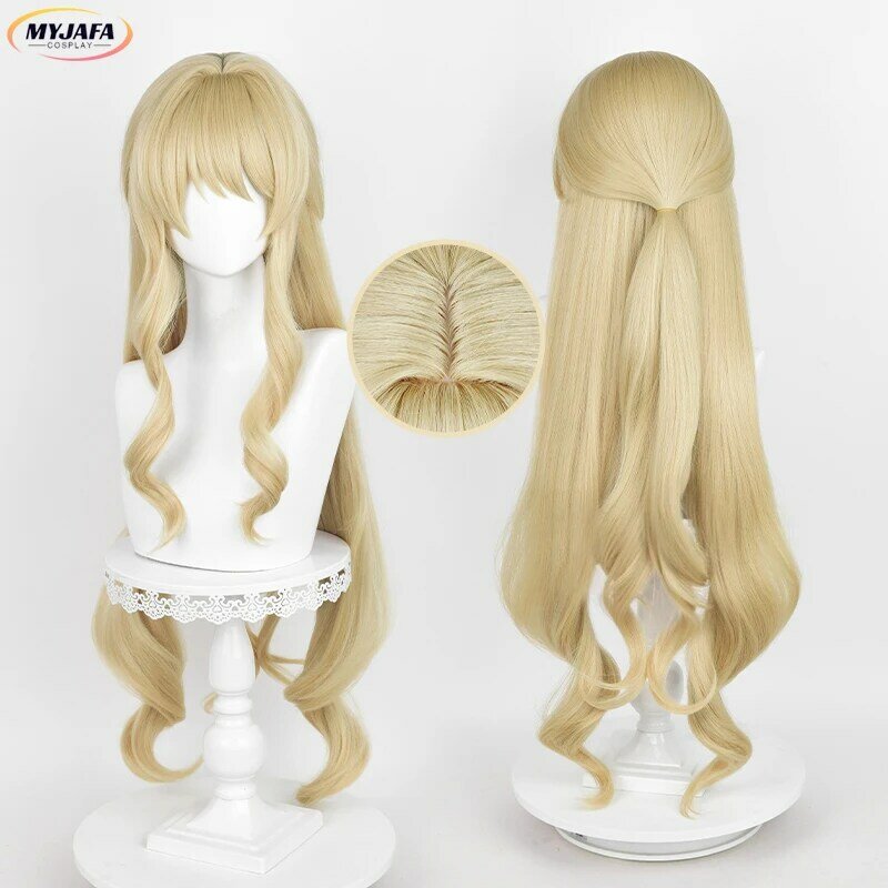 Navia Cosplay Wig Game Fontaine Navia Long Linen Gold Curly Heat Resistant Synthetic Hair Role Play Wigs + Wig Cap