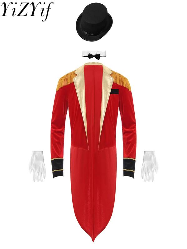 Mens Circus Ringmaster Showman Costume Holiday Lion Tamer Tailcoat Theme Party Cosplay Swallow-tailed Coat Jacket Hat Outfit