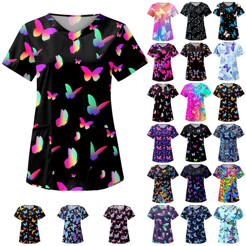 Healthcare Uniform Nurse Clinic Nursing Butterfly Workwear Hospital T-shirt Tops Short Sleeve Blouse Carer Working Women Medical