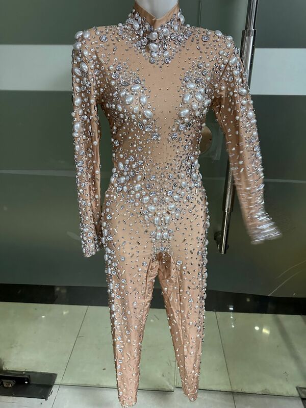 Sexy Stretch Rhinestones Jumpsuit Singer Dancer Stage Costume Drag Queen Clothes Diamond Bar Gogo  Luxury show Pearl Outfit