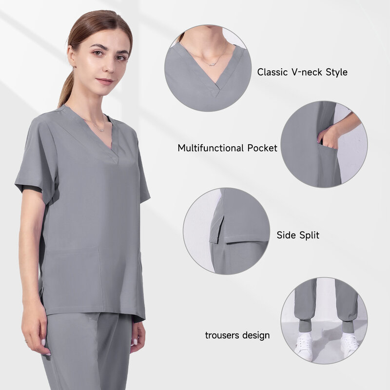 Hot Sales Nurse Uniform Women Short Sleeve Neck Tops Working Uniform Blouse Scrubs Workwear Nursing Women Scrubs Pants Elastic