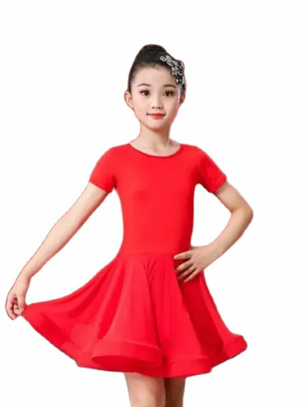 1pcs/lot Girl Latin Dance Dress Children Dance Costume Salsa Black Kids Red Tango Dresses Dancing Stage Performance solid dress