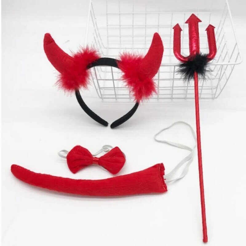 Devil Costume Kits Halloween Party Prop Devil Ears Headband Bow Tie Tail Set Cosplays Performances Prop for Women Kids R7RF