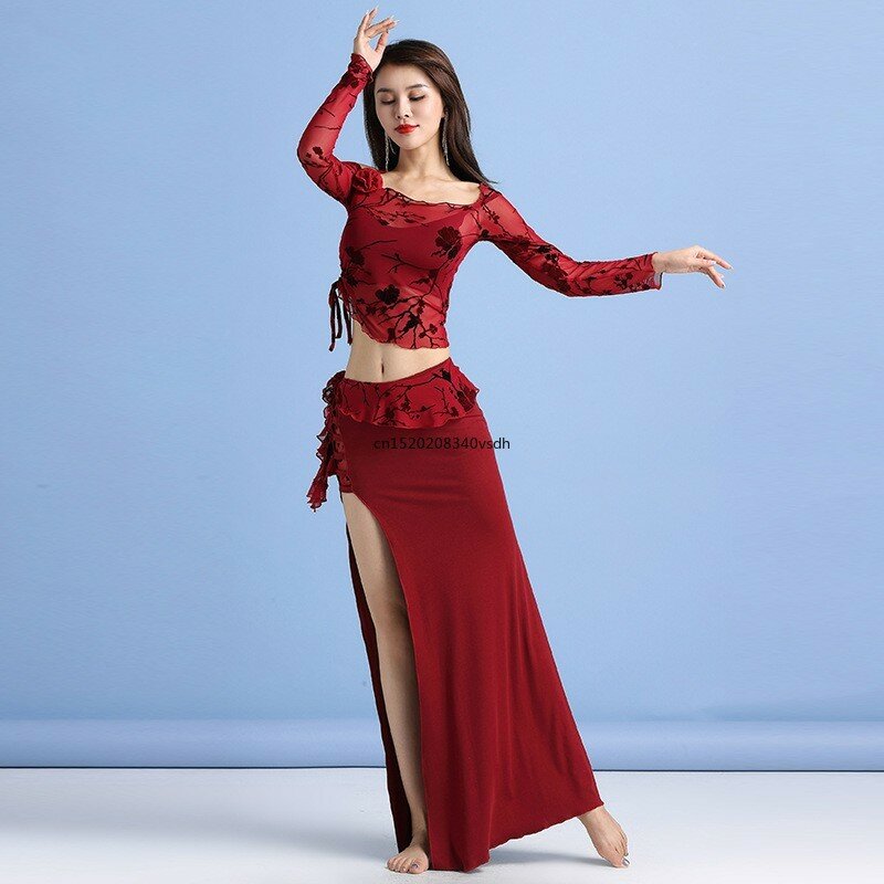 Belly Dance Set Sexy Printed Long sleeved Top Wrapped Hip Long Skirt Belly Dance Girl Beginner Oriental Dance Practice Clothes