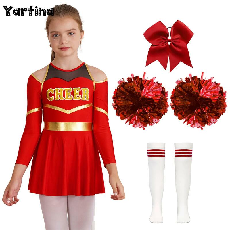 Kinder Mädchen Cheerleading Tanz Outfits Brief druck Trikot Kleid mit 1pc Bowknot Kopf bedeckung 2pcs Hand Blumen gestreifte Socken