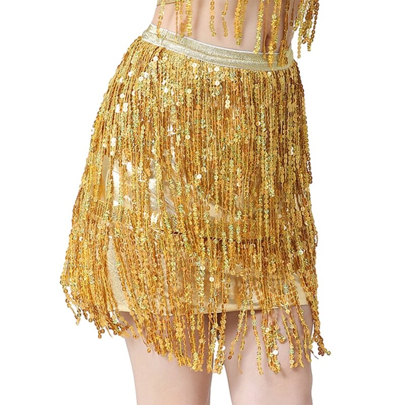 Elegant Latin Belly Dance Sequins Tassel Skirts For Women Mid-rise Solid Slimming India Dancewear Stage Performance Outfits