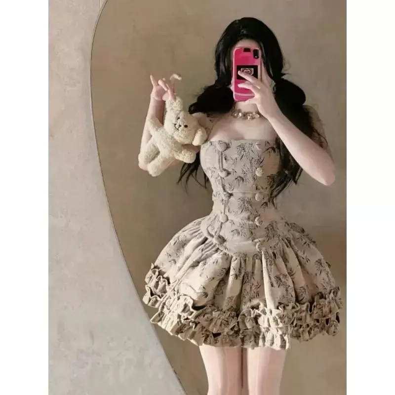 French Vintage Haute Couture Short Fur Collar Jacket+waistband Double Breasted Slimming Suspender Fluffy Princess Dress Set