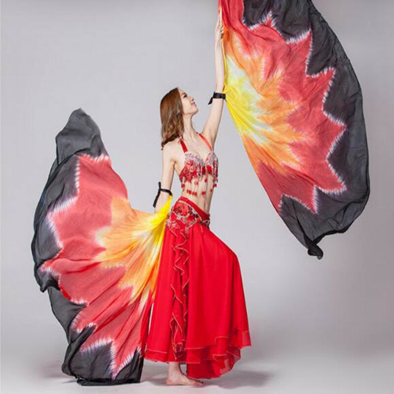 100% Silk Oriental Dance Silk Veils Isis Wings With Stick No Stick Stage Performance Props Tie Dye Half Circle Free Shipping
