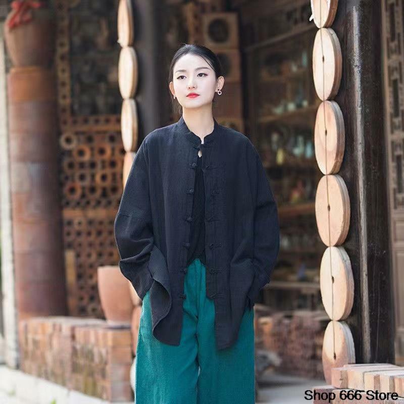 2024 Women Chinese Traditional Tang Suit Linen Zen Tea Hanfu Cardigan Ladies Tai Chi Kung Fu Tops Vintage Cotton Femal Clothing