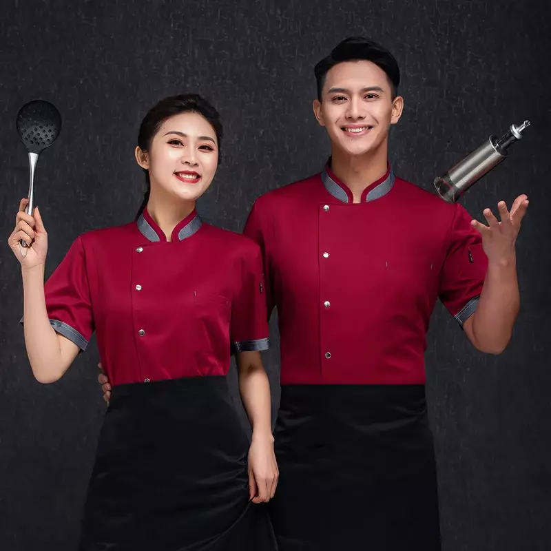 Uniforme de cocina Unisex, camisa negra y transpirable, blanca, manga corta, ropa de servicio de alimentos para Hotel, chaqueta de panadería, Chef con botonadura