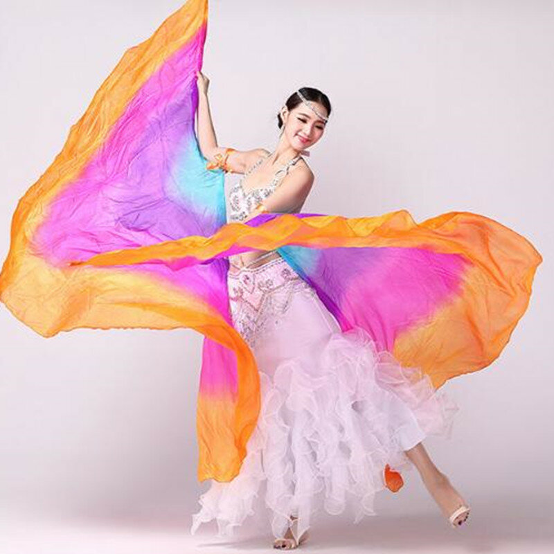100% Silk Oriental Dance Silk Veils Isis Wings With Stick No Stick Stage Performance Props Tie Dye Half Circle Free Shipping