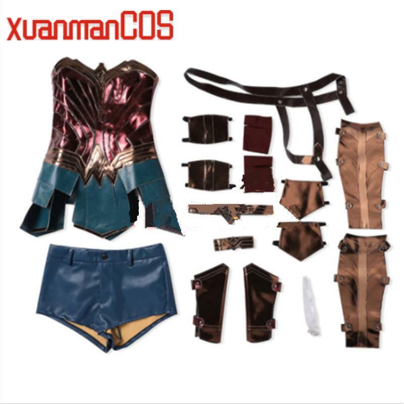 Anime Wonder Cos Wome Dress Diana Cosplay Costume Adult Brown Top Faux Leather Corset Shorts +Girl Wig Accessories Halloween