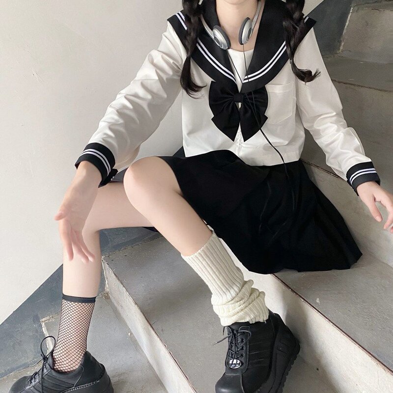 Japanese School Uniform Girls Plus Size Jk Suit Black Tie White Three Basic Sailor Uniform Women Long Sleeve Suit