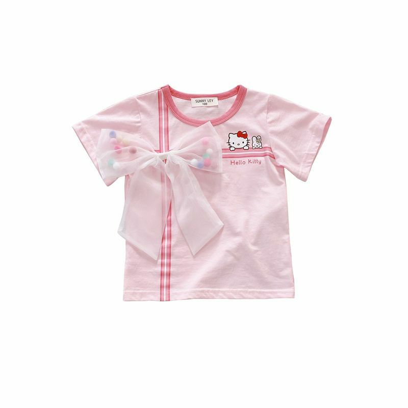 Camiseta de algodón puro de Hello Kittys para niños, Tops Kawaii Sanrios con estampado de dibujos animados, manga corta, secado rápido, transpirables, lindos lazos, Verano
