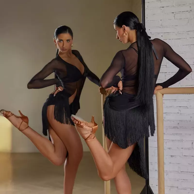 Damskie wycięcie latynoskie sukienki z frędzlami dorośli wydajność Samba Chacha kostium taneczny seksowna siateczkowa sukienka do tańca latynoskiego z rękawami