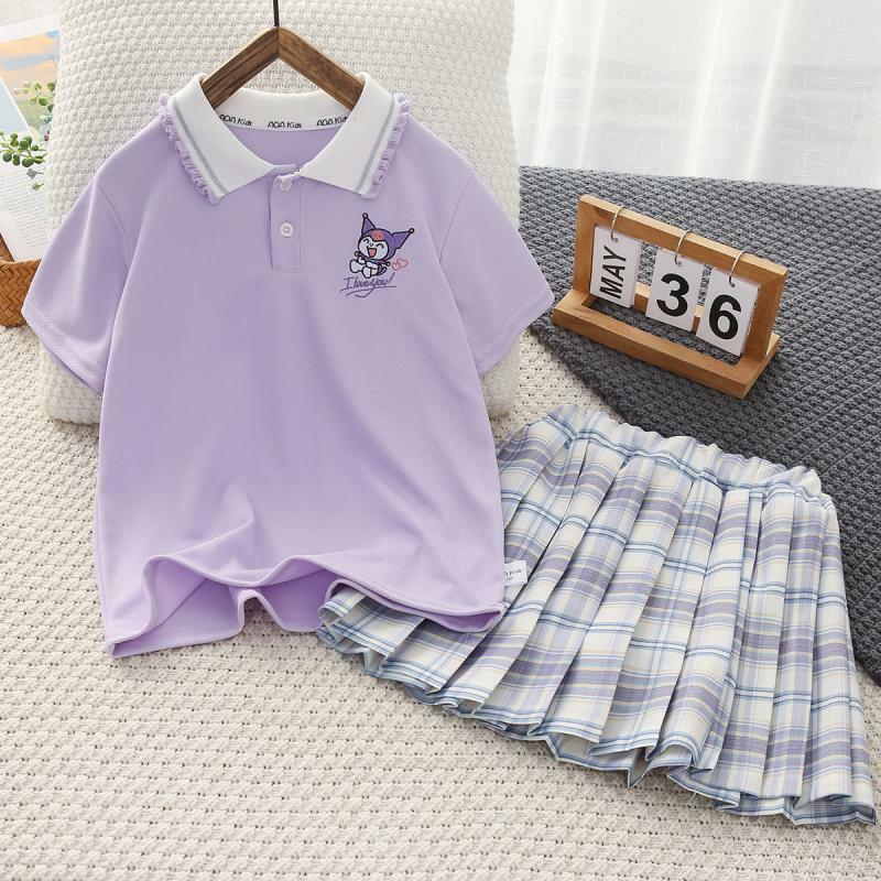 女の子のための古典的なプレッピースタイルの綿のTシャツセット,半袖のトップとプリーツスカート,2個
