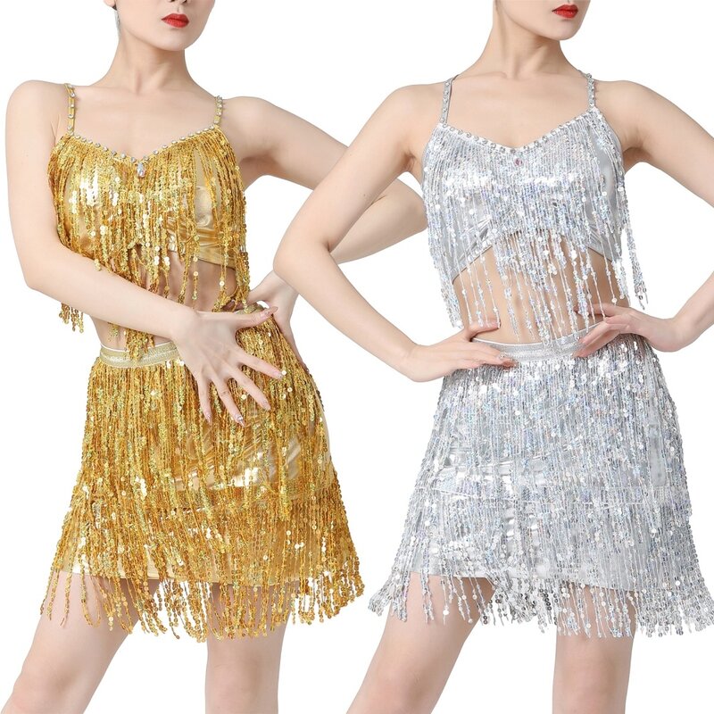 Elegant Latin Belly Dance Sequins Tassel Skirts For Women Mid-rise Solid Slimming India Dancewear Stage Performance Outfits