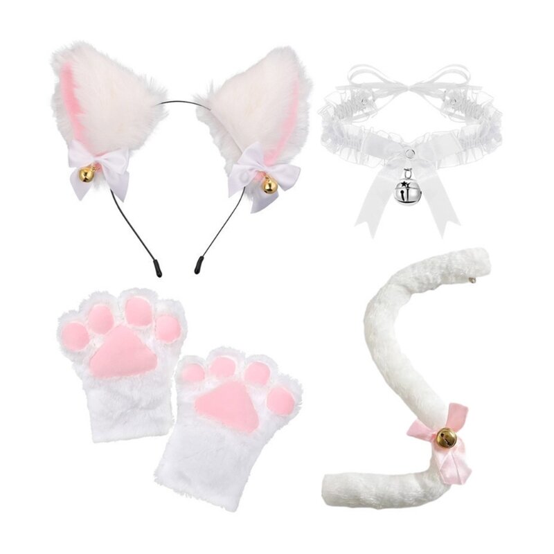 3/4Pcs Cat Costume for Kids-Cat Ears Headband Tail Tail Bell Choler Gloves Halloween Party Animal Cosplay Accessories