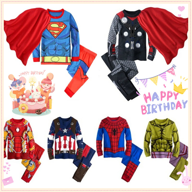 2024 Marvel Avengers Superhero Costume for Kids Spiderman Iron Man Cotton Pajamas Suit Boys Long Sleeve Christmas Sleepwear Sets
