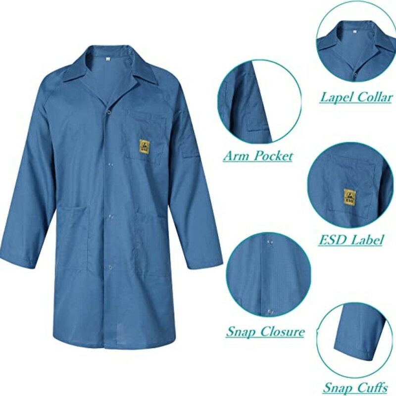ESD Lab Coat with Lapel Collar, 3 Pockets & Snap Cuffs, Knee Length Anti-Static Jacket