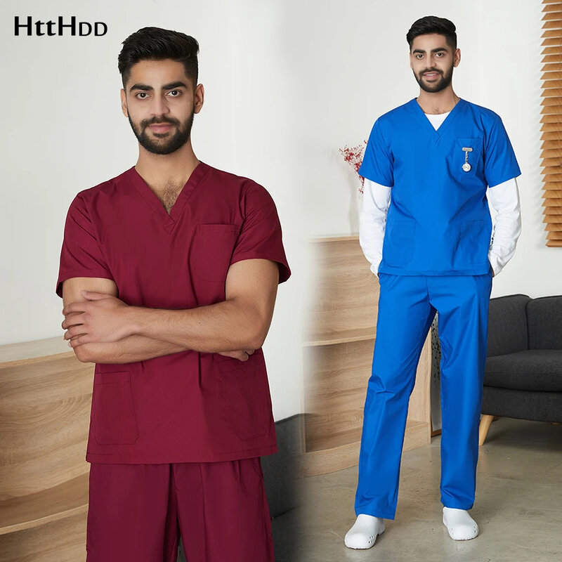 Men's Solid Color Medical Uniform Set Male Wholesale Clinic Hospital Doctor Overalls V-neck Fashion Scrub Pharmacy Nurse Clothes
