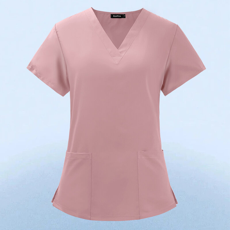 Solid Color Nursing Work Scrub Women's Short-sleeve V-neck Uniform Clinic Nurse Uniform Protective Clothing Care Worker Lab Tops