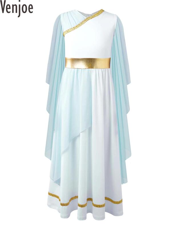 فستان الأميرة اليونانية الرومانية للأطفال ، زي تأثيري توغا اليونانية القديمة ، ثوب بلا أكمام ، فستان تول فلوي للفتيات ، هالوين
