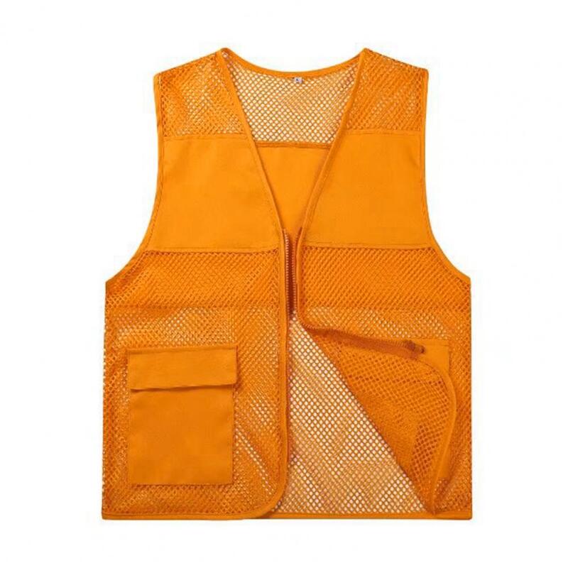 Fishing Cargo Vest Hollow See-through Solid Color Big Pockets Loose Working Clothes Vest Zipper V Neck Cargo Vest Men Clothing