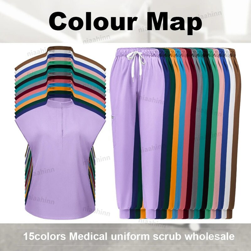 Niaahinn Scrubs Hot Sales Jogger Scrub Sets Women Solid Color Breathable Work Clothes Lab Coat Uniform Hospital Doctor Work Wear